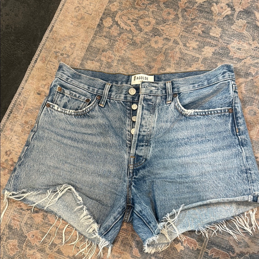 Agolde Blue Jean Shorts with Distressed Hem